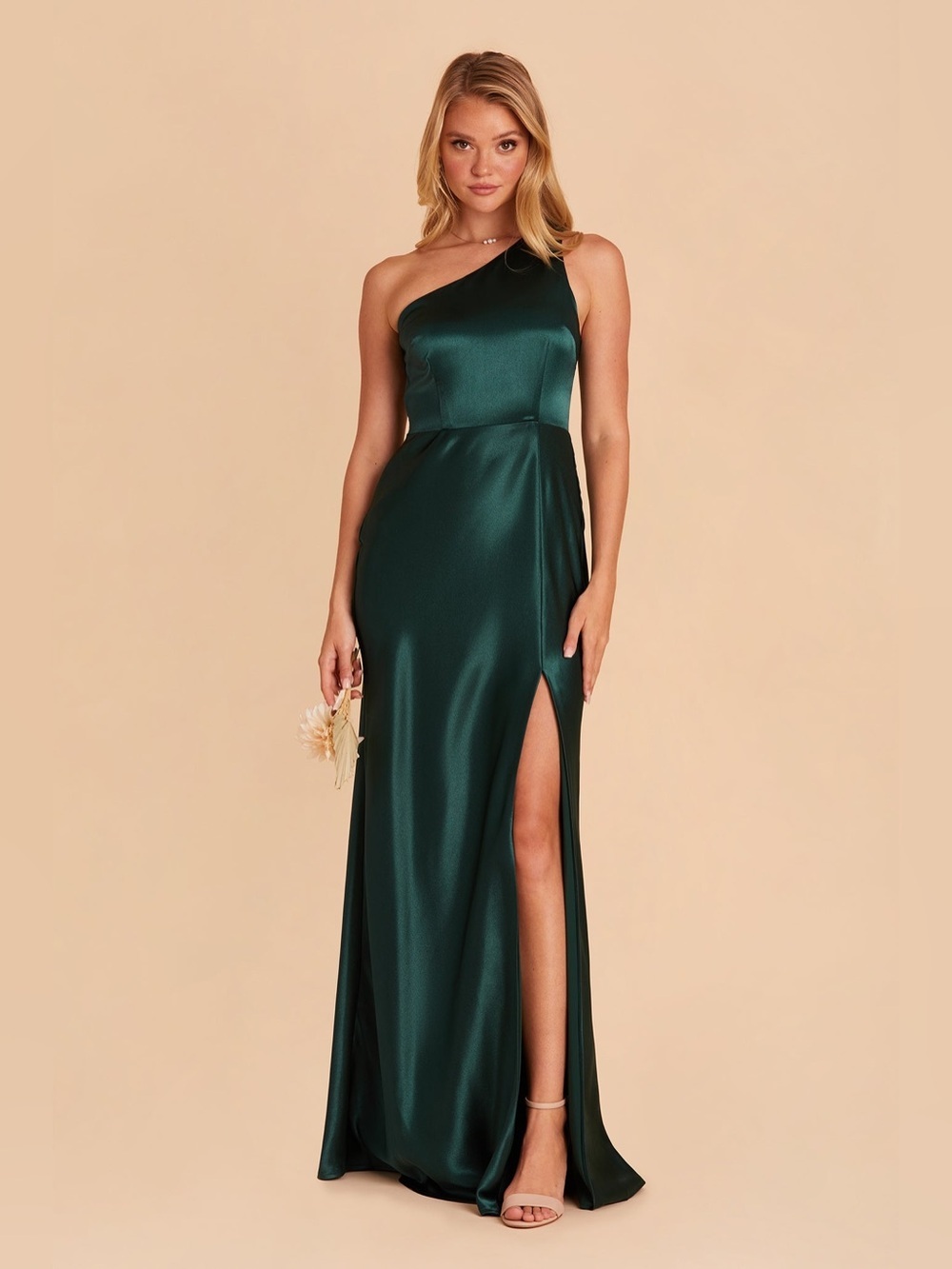 One-Shoulder Satin Evening Gown in Emerald Green